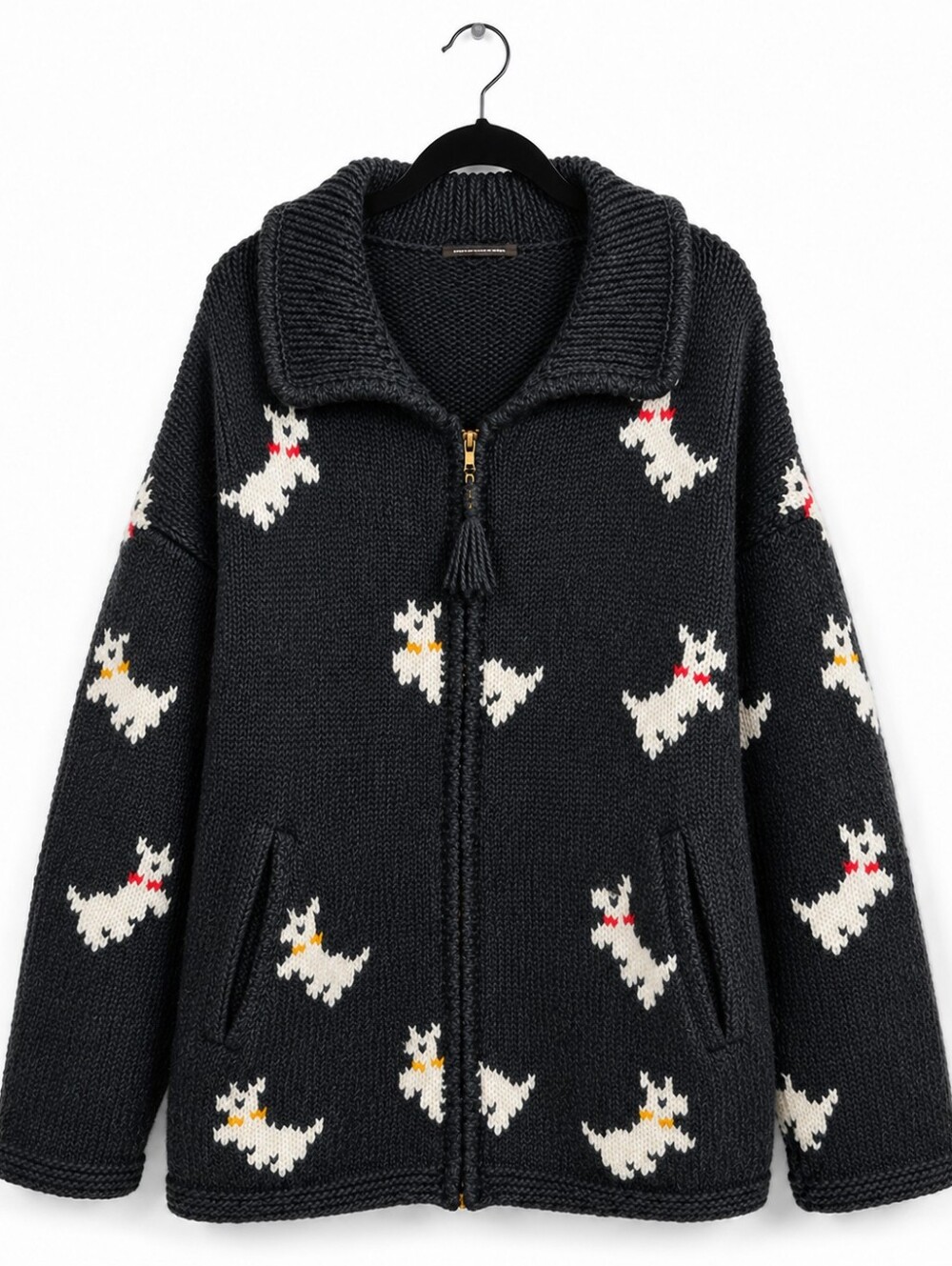 Vintage Handmade Scottie Dog Zip Wool Cardigan Sweater XXL Rainbow Crafts